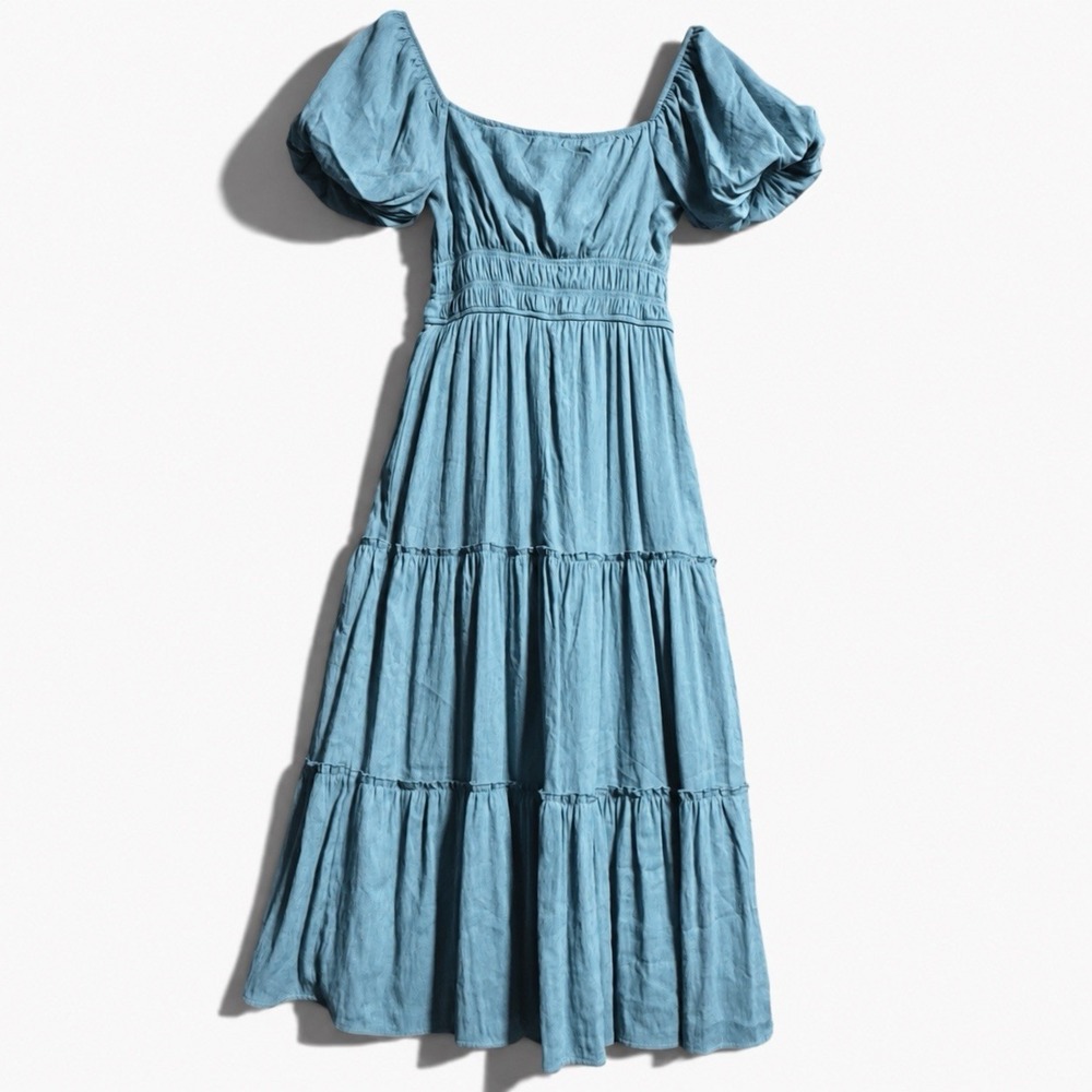 Trixxi Maxi Dress S Teal Smocked Puff Sleeve Tiered Boho Cottagecore Fairycore - Picture 15 of 15